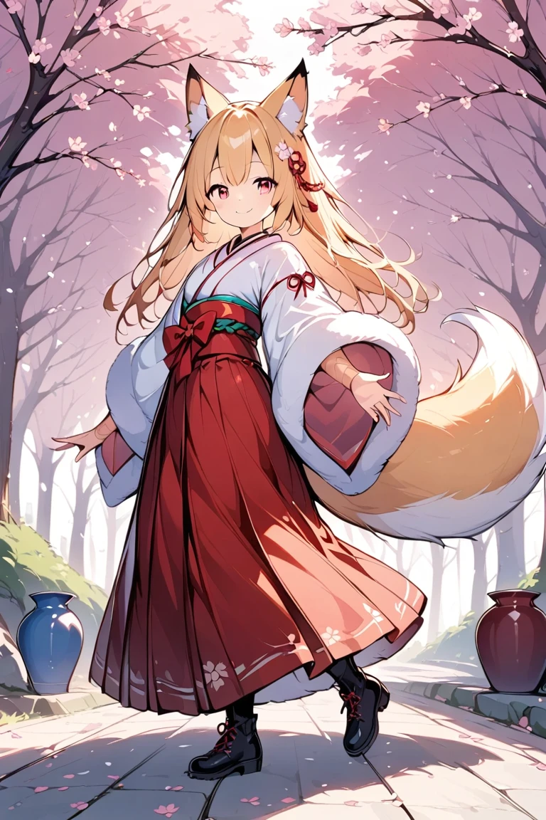 1人の可愛いFox earsの少女,(Best Quality,Very detailed depiction, incredible high resolution , anatomically accurate depiction ,High quality anime drawings),(White fox girl ),(Elegant shrine maiden outfit,Red Hakama,boots, hair ornaments with cherry blossom motifs are fluttering),(Long blonde hair,Fox ears:1.3,Ruby Eyes,Eyes half closed,Cute smile, pottery skin, white and fluffy fox tail ),(Full body image),Bright atmosphere,Under the cherry tree,Cherry Blossom Snowstorm,A transparent picture,