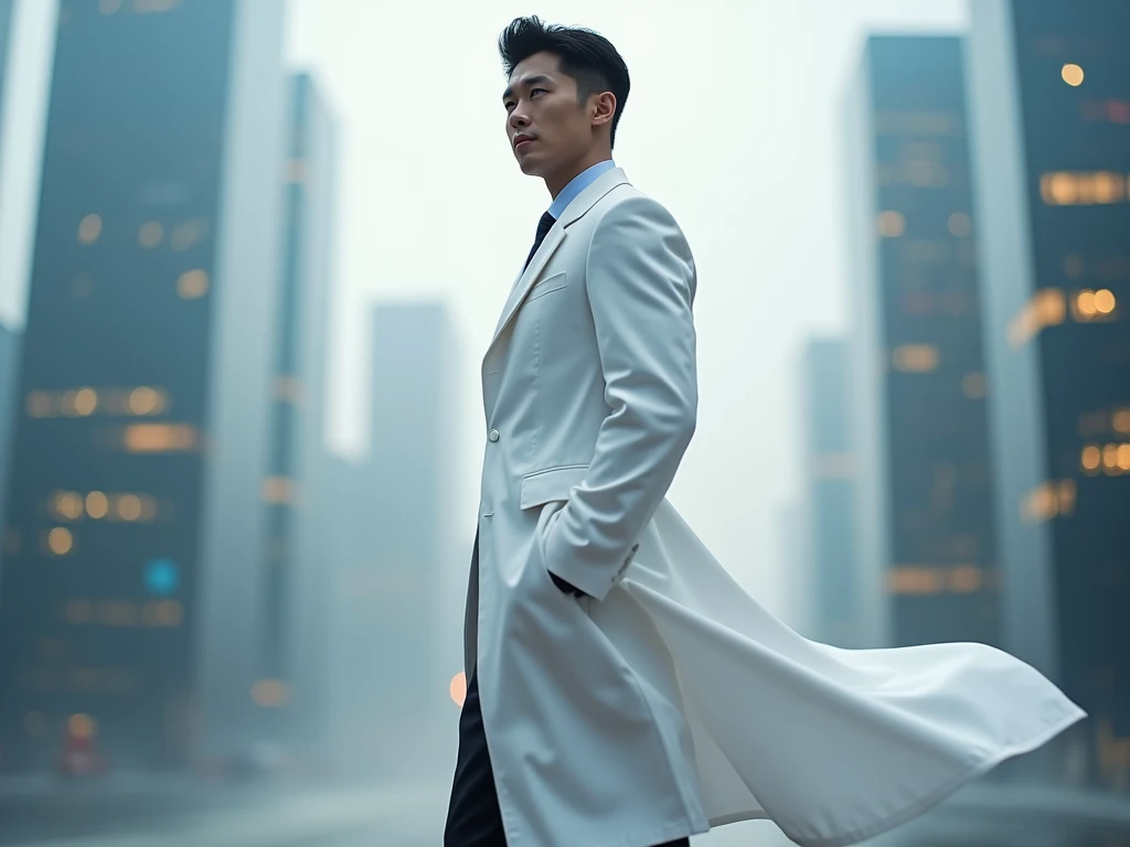 1 oriental male, big bumps, stubble. A 30-year-old muscular man wearing glasses, a reflective windbreaker, long-sleeved white shirt and tie, and leather shoes. Full body, soft lighting. In the city.(masterpiece, Best quality), 8K UHD, Digital SLR, filmgrain, (super detailed color, surreal), Fujifilm XT3 photorealistic painting art