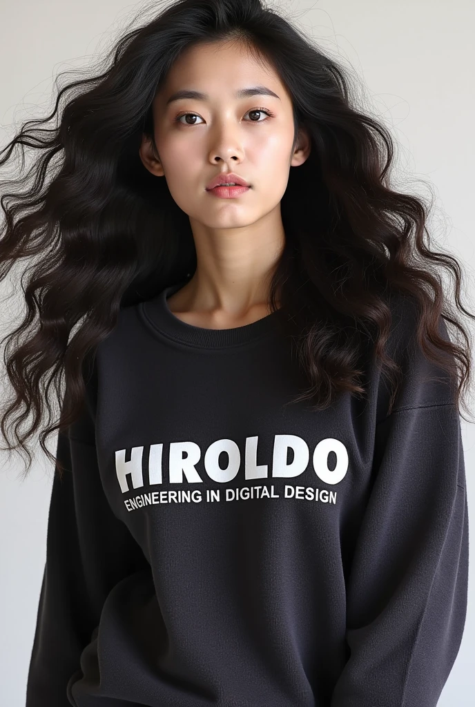 Create the image of a beautiful woman with Asian and Latin features, with spectacular curly hair. The image must be full-body and show her wearing a sweater with the slogan “HIROLDO Engineering in Digital Design” printed on the chest.