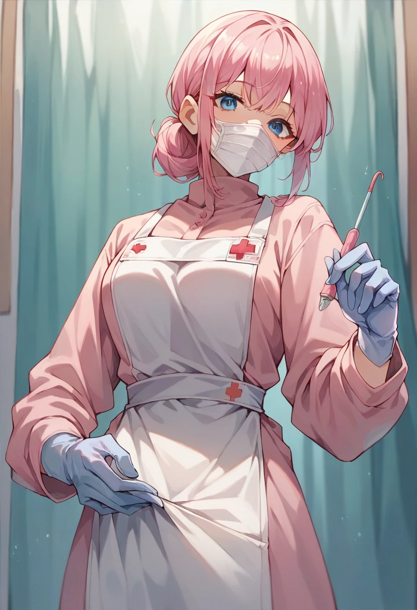 nsfw, masterpiece, best quality, 1girl,cowboy_shot, <lora:ConceptClothingSurgicalOutfit1_1:0.95> ((surgical outfit, surgical mask, long sleeves,long dress, surgical cap,latex gloves, folded hair)),pink uniform,(blue hair, red eyes, short hair,blood on clothes)
