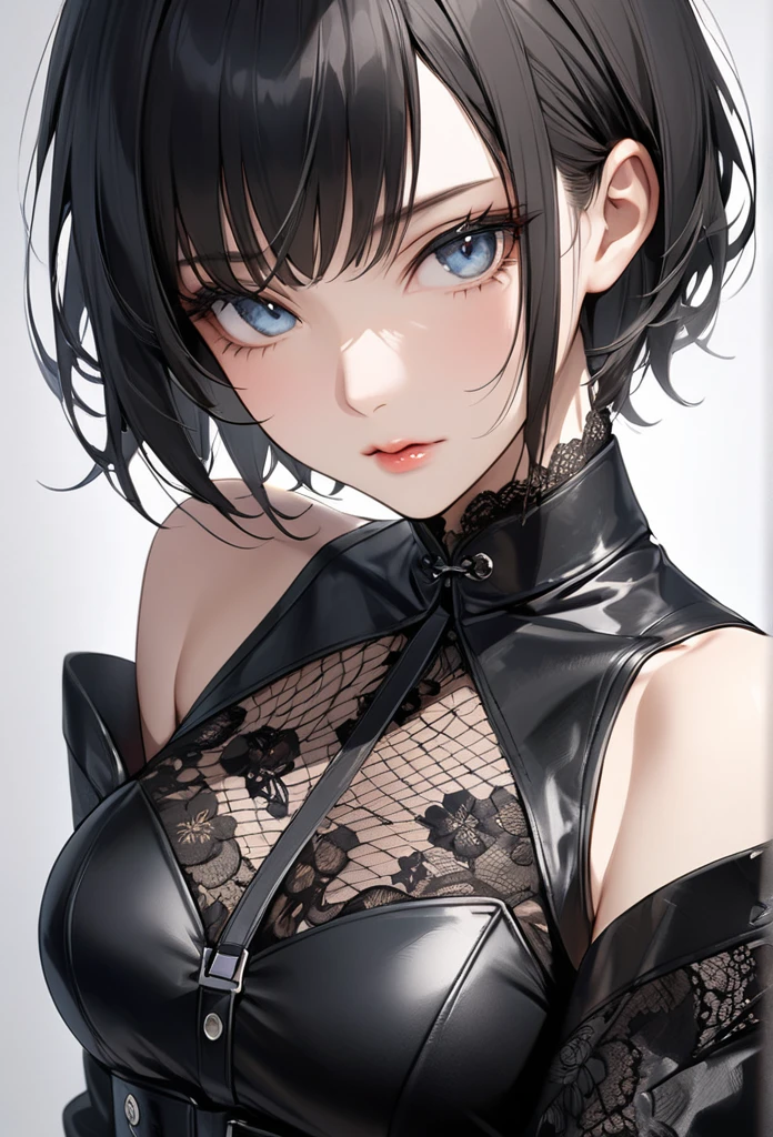 Girly girl, very short hair, pixie haircut, black hair, black eyes