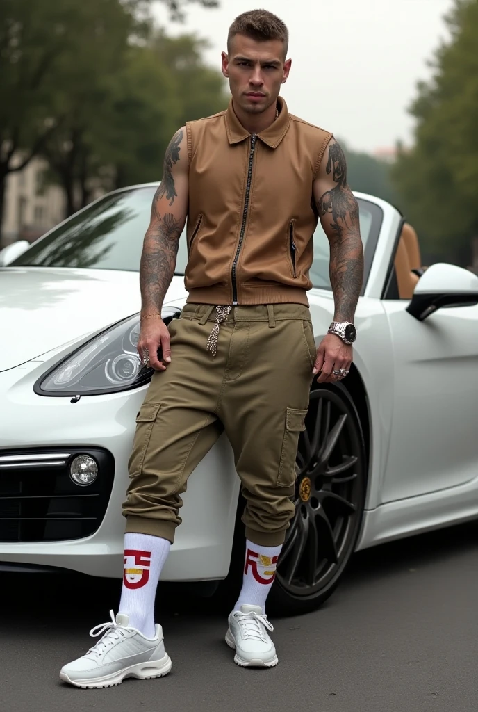 realistic photo, full length view, of a fashion fag  white guy with short clean undercut fashion hype-styled brown haircut , arrogantly posing in his luxurious Porsche white car  wearing Gucci colored sport vest, Gucci colored sport pants, Gucci white sneakers, lots of rings, necklaces, bracelets,  wearing  white 'FAG' logo socks . The big 'FAG' logo on the socks are clearly visible