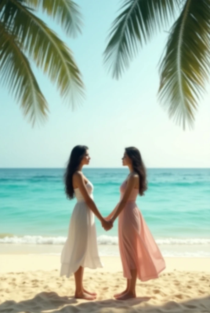 Romantic outdoor scene on the banks of a calm river with clear turquoise water. A beautiful, slender, busty woman wearing an elegant cream-colored off-shoulder dress with intricate design details, stands confidently. A man kneels in front of her, holding her cheeks with both hands, looking at her with a big smile. The background features rocks and calm water, creating a peaceful and intimate atmosphere.