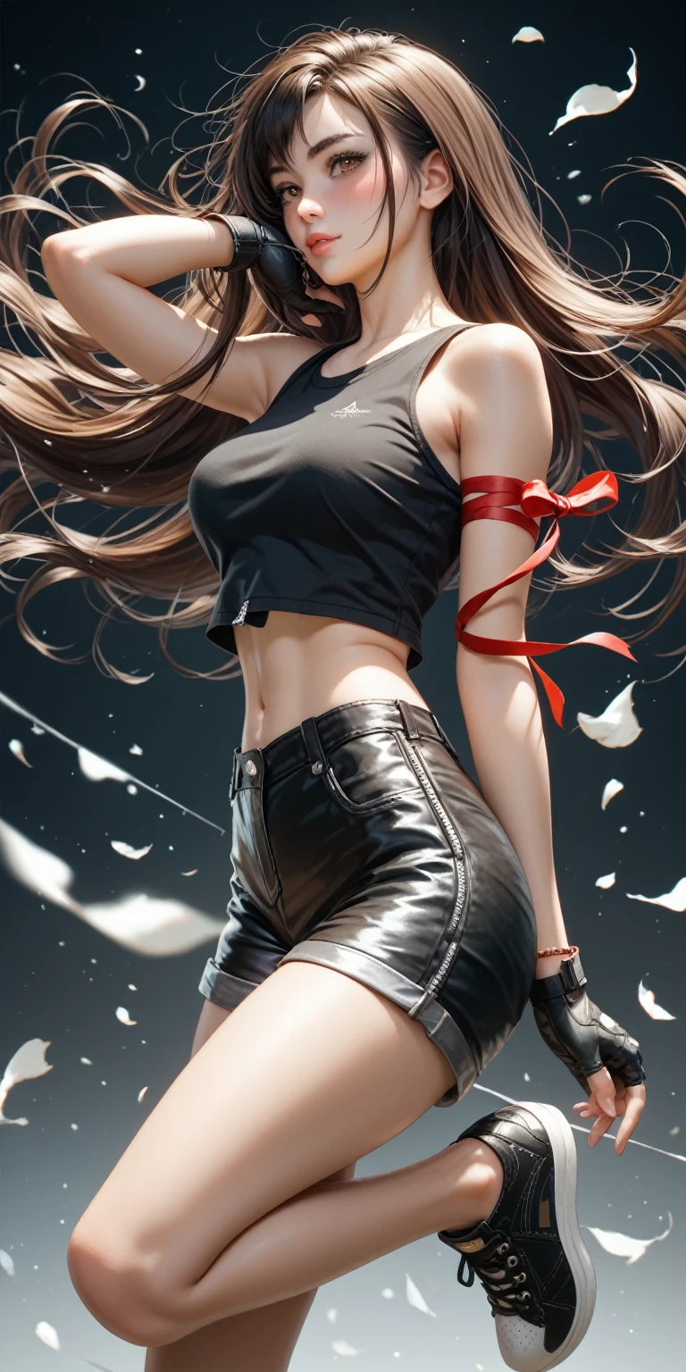 (masterpiece,Highest quality,Ultra-high resolution),(((A very beautiful girl))), age 25, acTifa, brown eyes, dark brown long hair, black shirt, black tank top, zipper, black skirt, midriff, black shorts, black gloves, red arm ribbon, black sneakers, seductive pose, sexy pose, blush, hair blowing in the wind, black background, 