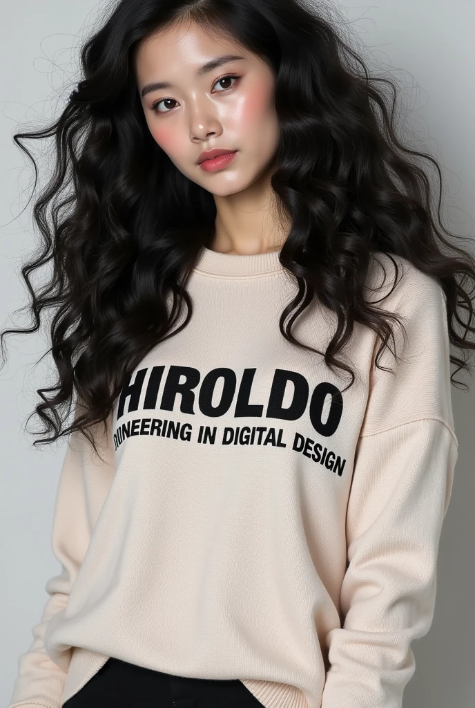 Create the image of a beautiful woman with Asian and Latin features, with spectacular curly hair. The image must be full-body and show her wearing a sweater with the slogan “HIROLDO Engineering in Digital Design” printed on the chest.