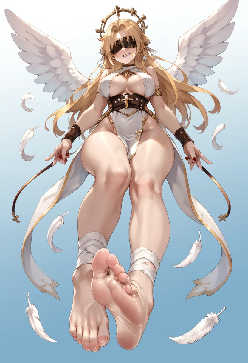 1 female, race(angle), hair(waist length golden blond strait hair), eyes(golden with cross shaped pupil), eye cover(has a cloth blindfold that covers her eyes), attire(revealing cloth wraps, blind fold, zero foot wear, lightly bandage legs(no blood)), physical(3 pairs of pure white Feather angelic wings for a total of six wings. Large breasts, large ass, thick thighs, two legs, two feet), face focus(focus on conveying a detailed and butilufly made face that expresses haughtiness, mocking disdain, and amusement through her face, mouth, nose, ect) physical position(floating directly on top of viewer, extending one single foot out like she is going to step on the viewer), foot focuse(focus on her feet, soles, toes, and heel, make everything perfect, detailed, and proportionate)