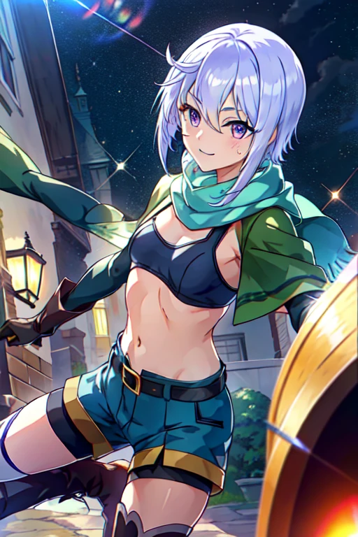 1girl, solo, chris \(konosuba\), bandeau, scar on cheek, silver hair, short hair, purple eyes, 
BREAK blue shorts, black gloves, scarf, belt, boots, white thighhighs, bike shorts under shorts, capelet, single strap,
BREAK standing, 
BREAK smile,
BREAK (cowboy shot:1.1), from front,
BREAK black background,
BREAK (best quality, masterpiece, detailed:1.1), HD, anime colored, (beautiful detailed eyes:1.4), extremely detailed face, perfect lighting, extremely detailed CG, (perfect hands, perfect anatomy),