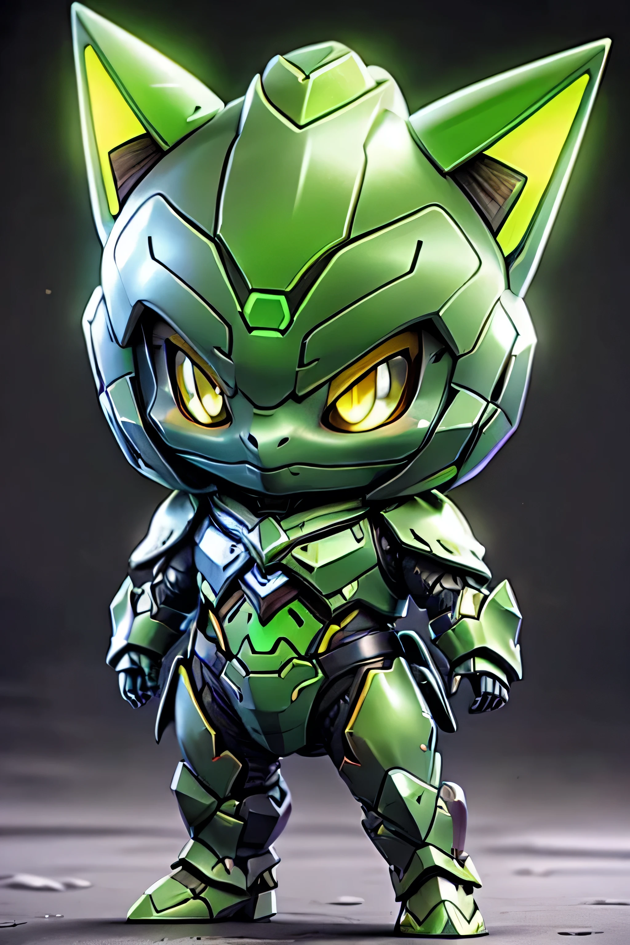 guchen,,chibi, yellow eyes,,glowing,Sci-Fi,Neon Lights,Hyper Real,Photorealistic,16K,high detail,high resolution, ((green armor)), bulbasaur design, cat ears, feminine armor, 