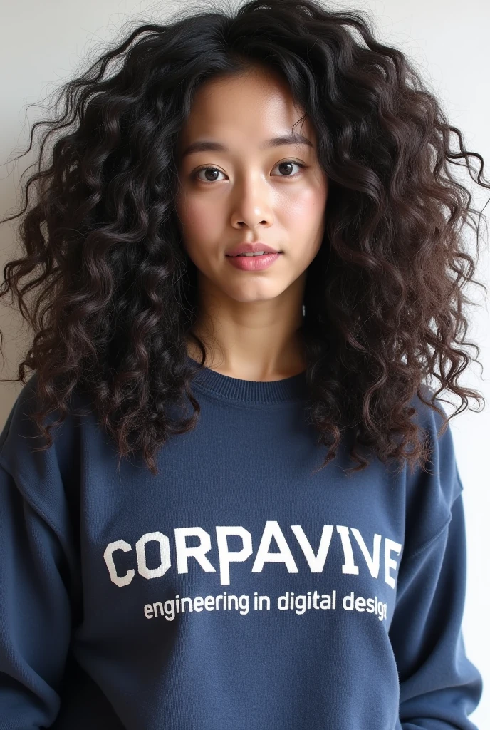 Create the image of a beautiful woman with Asian and Latin features, with spectacular curly hair. The image must be full-body and show her wearing a sweater with the slogan “CORPAVIVE Engineering in Digital Design” printed on the chest.