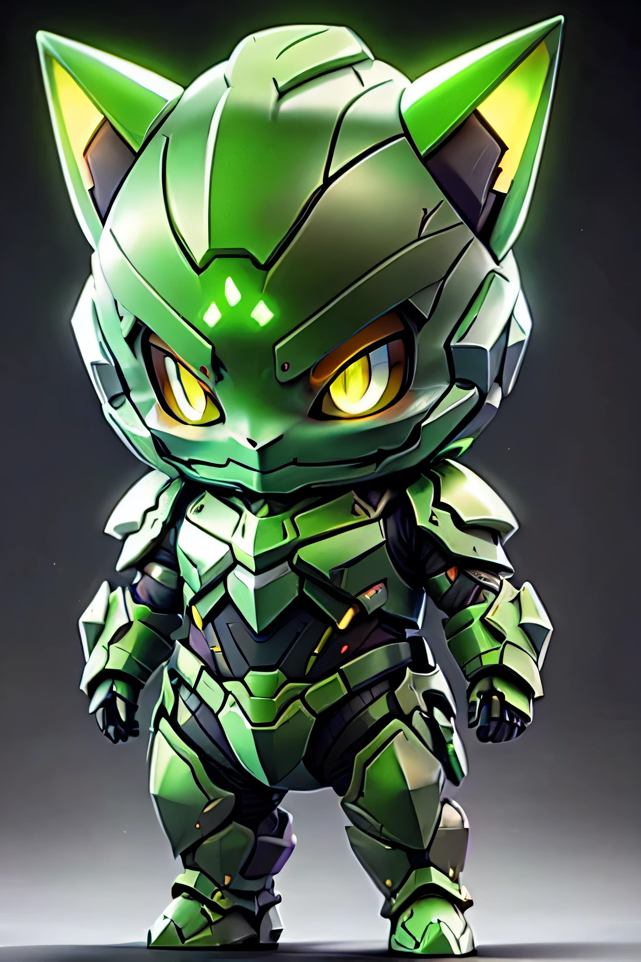 guchen,,chibi, yellow eyes,,glowing,Sci-Fi,Neon Lights,Hyper Real,Photorealistic,16K,high detail,high resolution, ((green armor)), bulbasaur design, cat ears, feminine armor, 