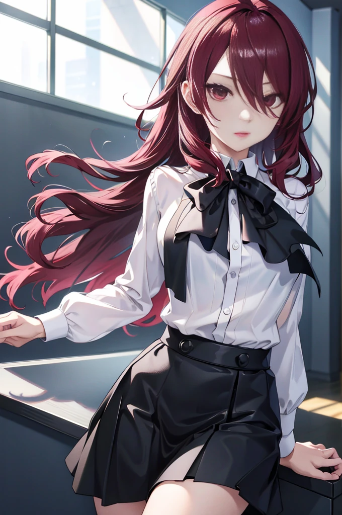 MitsuruKirijou ,  hair over one eye , shiny black miniskirt, White shirt, ultra-detail, (highres:1.1),  The best quality , ( masterpiece :1.3),  film lighting