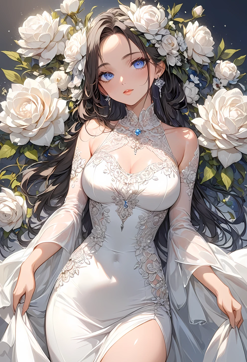 ((best quality)), ((masterpiece)), (detailed), perfect face, detailed eyes, (best quality), (detailed skin:1.3), (intricate details), One-piece dress, American sleeve, flower, rhinestone, tight-line, mid-calf dress, off-white, white, ladies, adult, elegant, beautiful