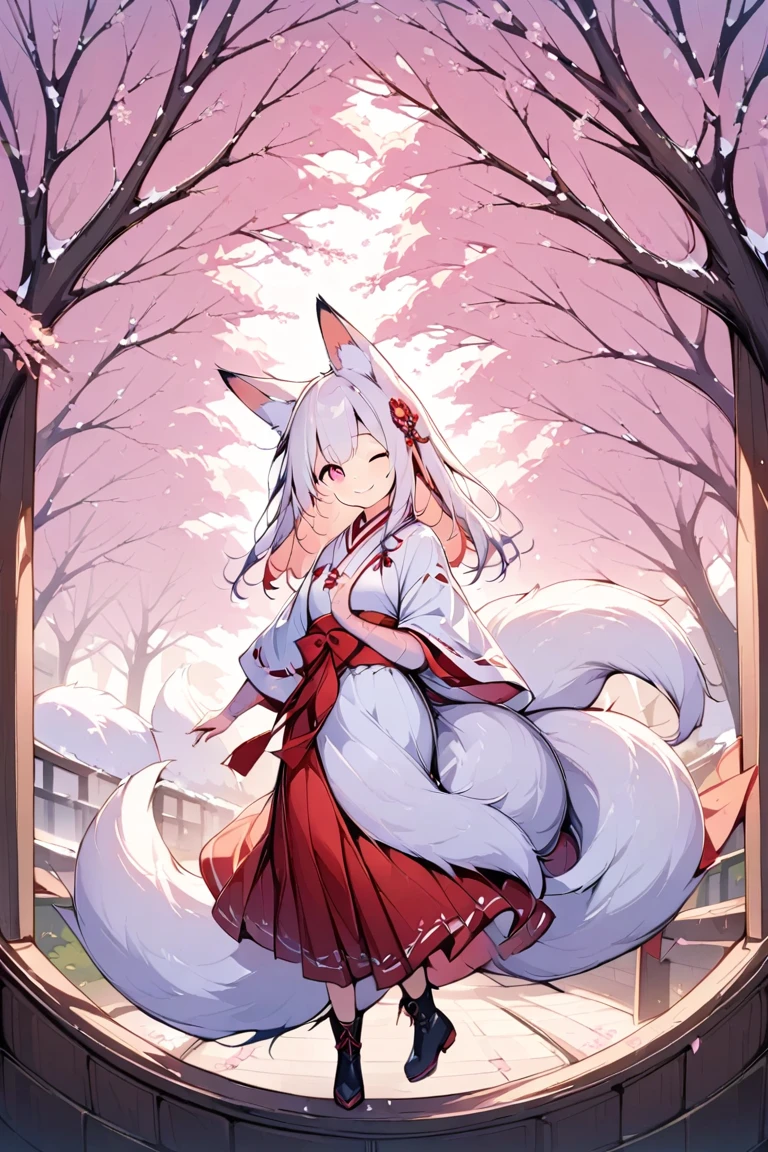 1人の可愛いFox earsの少女,(Best Quality,Very detailed depiction, incredible high resolution , anatomically accurate depiction ,High quality anime drawings),(White fox girl ),(Elegant shrine maiden outfit,Red Hakama,boots, hair ornaments with cherry blossom motifs are fluttering),(Long white hair,Fox ears:1.3,Ruby Eyes,Eyes half closed,Cute smile, pottery skin, white and fluffy fox tail ),(Full body image),Bright atmosphere,Under the cherry tree,Cherry Blossom Snowstorm,A transparent picture,