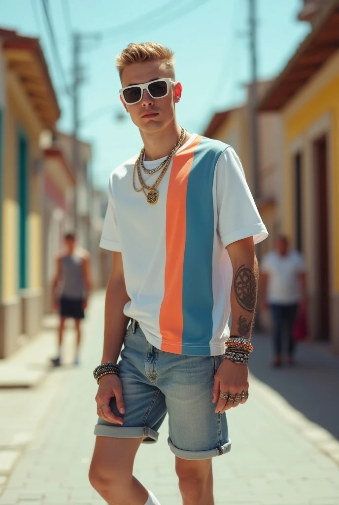 realistic photo, full length view, of a fashion fag dapper white european blond very young guy with short clean undercut fashion styled haircut , posing in sunny street, wearing lots of rings, necklaces, bracelets, white large t-shirt with blue and orange vertical stripe, denim shorts, sunglasses,  in long white 'FAG' logo socks . The big 'FAG' logo socks are clearly visible