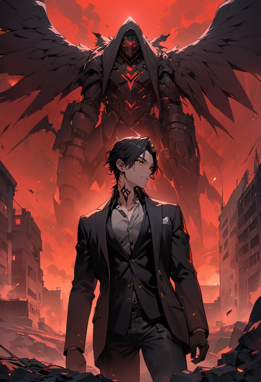 (masterpiece, best quality, ultra-detailed:1.2), post-apocalyptic atmosphere, illustration, dramatic lighting, red sky, cinematic, 35 years old, black wings, a man, a fallen angel, not so long black hair, eyes with yellow pupils with black sclera, wearing a suit, on his forehead a diadem, the mark of a tattoo goes down from his right cheek to his neck, the expression is cold, deep and enigmatic, teeth clenched, whole body