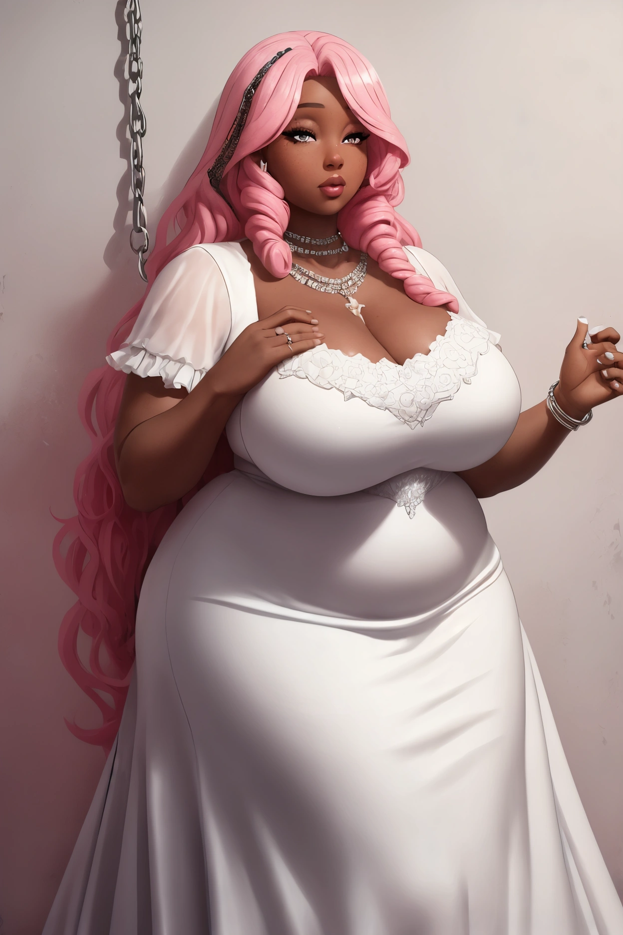 1 girl, Long pink hair, pink eyes, beautiful eyes, perfect face, perfect body, Huge tit, very big breasts, Pregnant, huge pregnant belly, big Nipples, sexy dress, open dress, frilly dress, hair decorated smiling, full body,