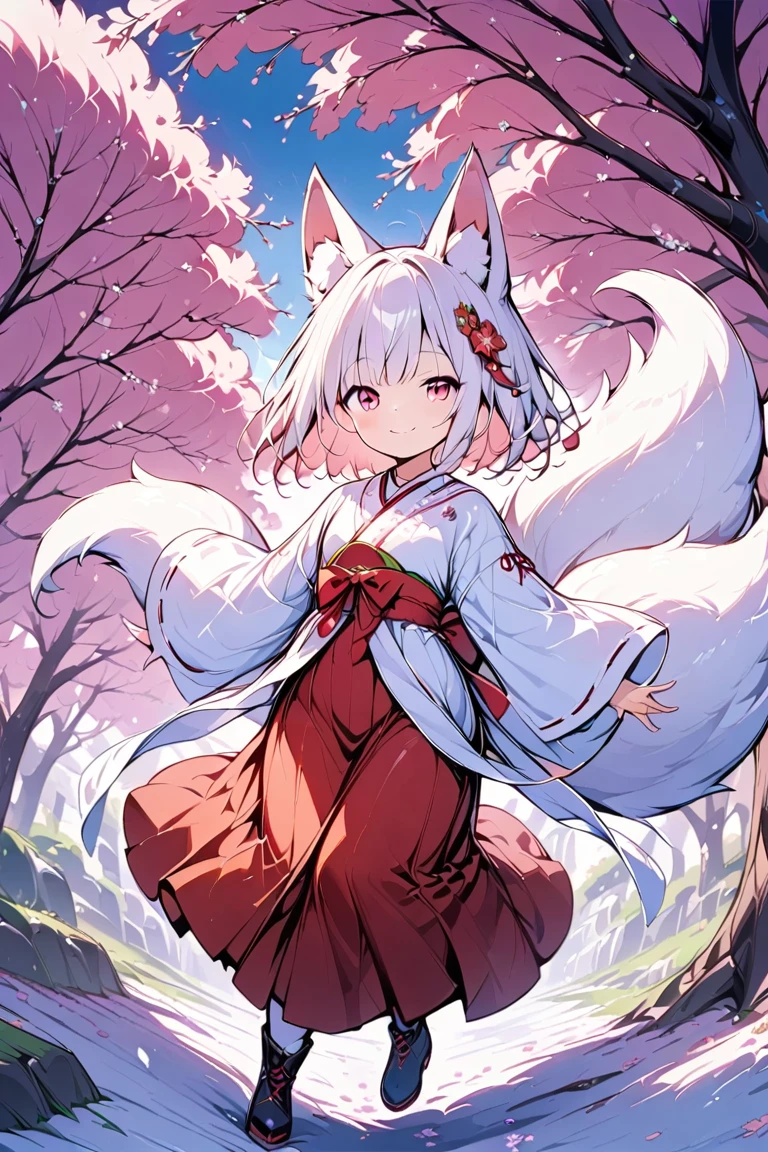 1人の可愛いFox earsの少女,(Best Quality,Very detailed depiction, incredible high resolution , anatomically accurate depiction ,High quality anime drawings),(White fox girl ),(Elegant shrine maiden outfit,Red Hakama,boots, hair ornaments with cherry blossom motifs are fluttering),(Long white hair,Fox ears:1.3,Ruby Eyes,Eyes half closed,Cute smile, pottery skin, white and fluffy fox tail ),(Full body image),Bright atmosphere,Under the cherry tree,Cherry Blossom Snowstorm,A transparent picture,