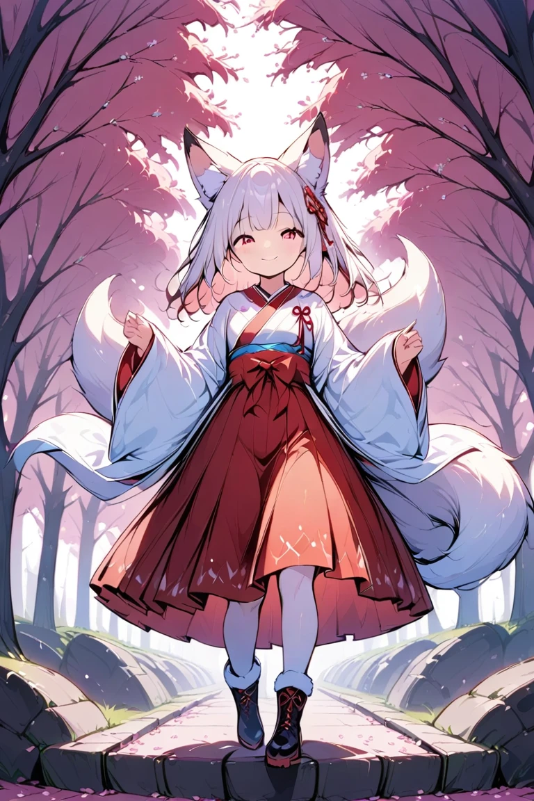 1人の可愛いFox earsの少女,(Best Quality,Very detailed depiction, incredible high resolution , anatomically accurate depiction ,High quality anime drawings),(White fox girl ),(Elegant shrine maiden outfit,Red Hakama,boots, hair ornaments with cherry blossom motifs are fluttering),(Long white hair,Fox ears:1.3,Ruby Eyes,Eyes half closed,Cute smile, pottery skin, white and fluffy fox tail ),(Full body image),Bright atmosphere,Under the cherry tree,Cherry Blossom Snowstorm,A transparent picture,