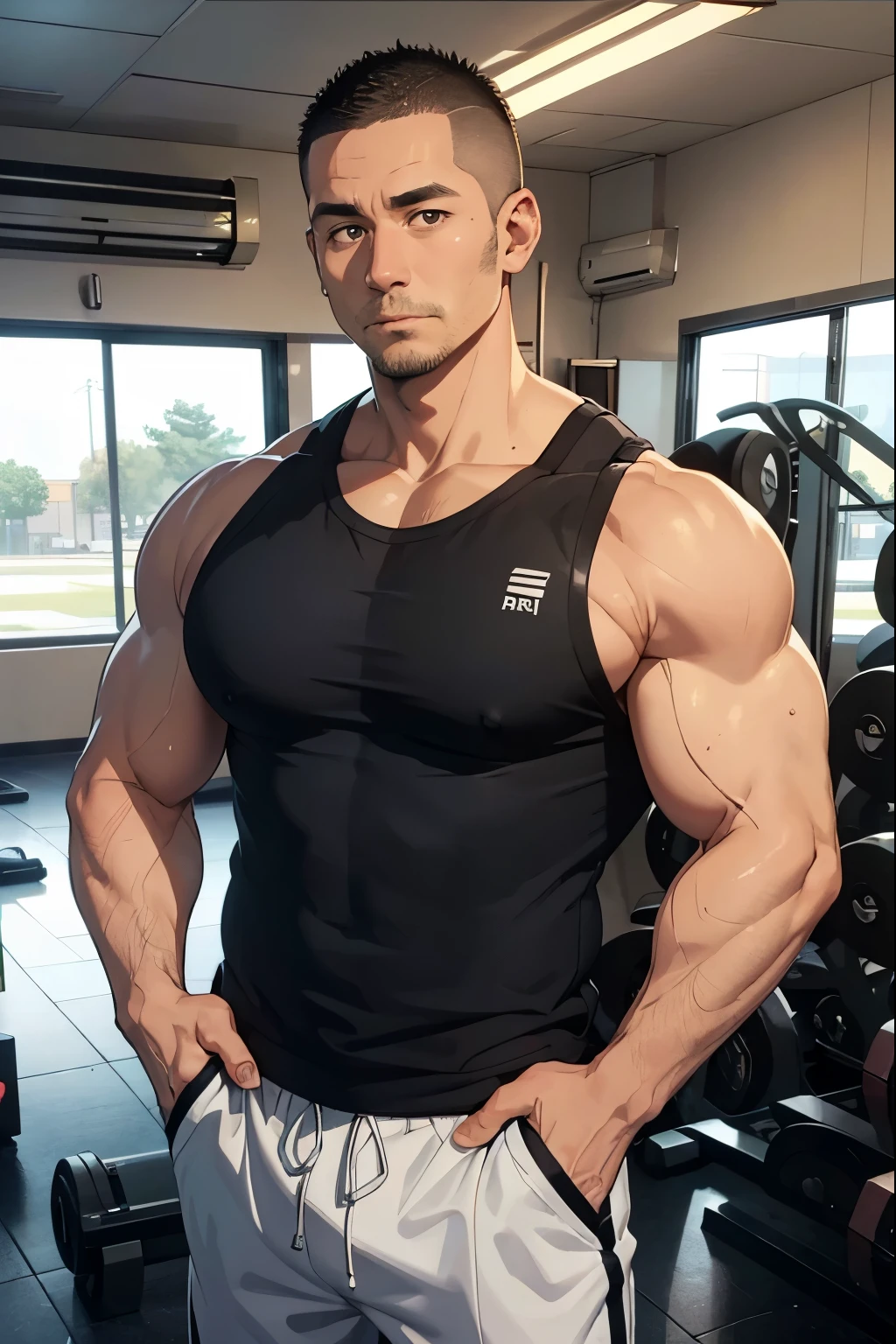 American 38-year-old man 、 is training at a gym、Muscular、Short Hair、Crew cut、detailed expression、