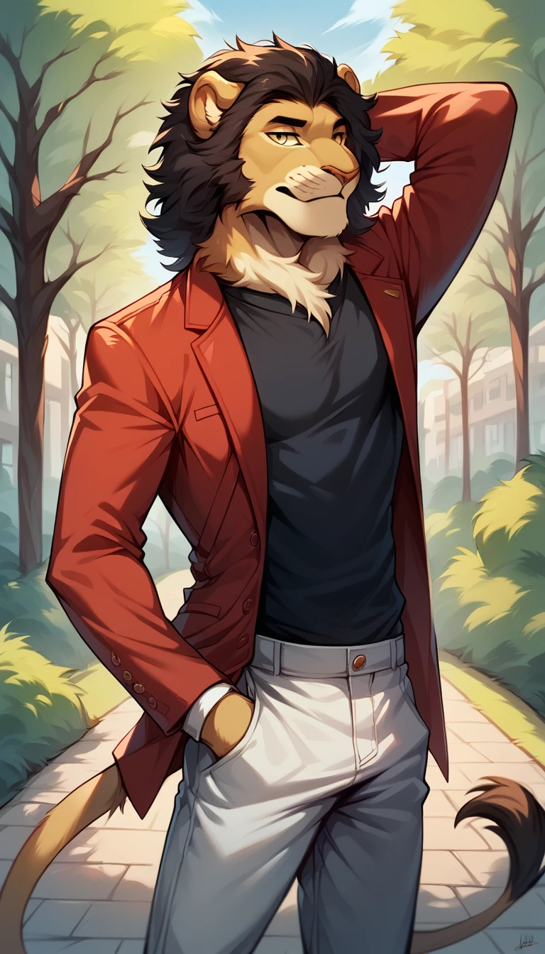 work, portrait, Artistic, DETAILED: a lion, furry, feline,  with medium curly hair , Alone, 23 years old, attire:  Wear flared pants , melon red suit , black shirt,  showing a 70's style, bottom: Set, photo shoot, Park, trees,  and city in the background , pose: standing,  hand in the pocket ,  hand behind his head.