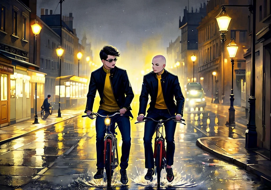 Two young men in their 30s are cycling along the banks of the River Thames, near the Palace of Westminster and Big Ben. The art style is detailed and soft, with warm colours and soft lighting that reflects the drizzle on the wet streets. The golden lights of Parliament shine in the background, reflecting off the water and the drenched streets. A young man with a bald head stands on the left, wearing a black overcoat that glistens softly in the streetlights, his glasses catching tiny reflections. He is riding a dark grey and red bicycle, slightly turned towards another young man on the right, who is riding an identical bicycle. His orange hair gleams in the dim light of the street lamps, while his faded denim jacket seems to absorb the colours around him. The colour palette is muted, with yellows and blues mixed with the light rain, creating an almost magical and melancholic scene, full of connection and companionship.