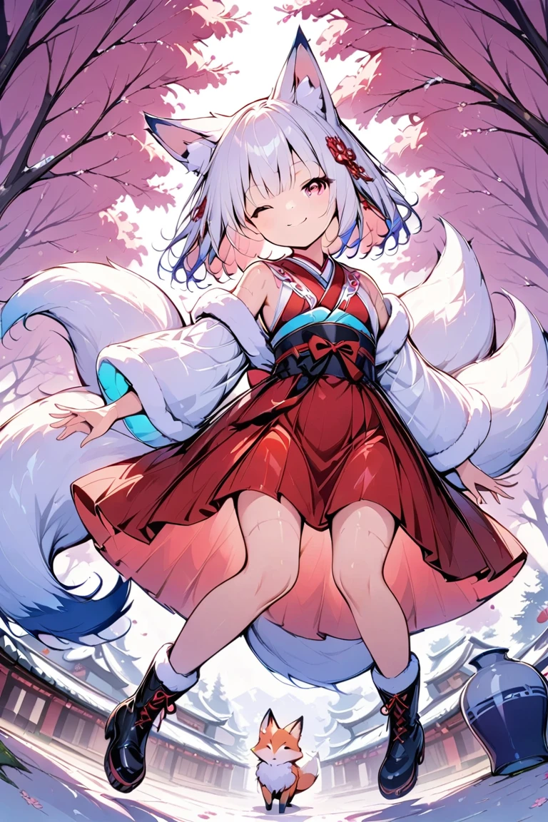 1人の可愛いFox earsの女性,(Best Quality,Very detailed depiction, incredible high resolution , anatomically accurate depiction ,High quality anime drawings),(White fox girl ),(Elegant shrine maiden outfit,Red Hakama,boots, hair ornaments with cherry blossom motifs are fluttering),(Long white hair,Fox ears:1.3,Ruby Eyes,Eyes half closed,Cute smile, pottery skin, white and fluffy fox tail ),(Full body image),Bright atmosphere,Under the cherry tree,Cherry Blossom Snowstorm,A transparent picture,