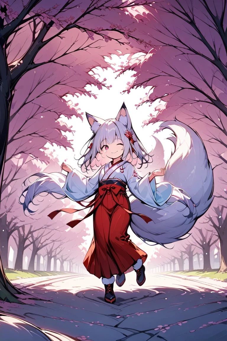 1人の可愛いFox earsの女性,(Best Quality,Very detailed depiction, incredible high resolution , anatomically accurate depiction ,High quality anime drawings),(White fox girl ),(Elegant shrine maiden outfit,Red Hakama,boots, hair ornaments with cherry blossom motifs are fluttering),(Long white hair,Fox ears:1.3,Ruby Eyes,Eyes half closed,Cute smile, pottery skin, white and fluffy fox tail ),(Full body image),Bright atmosphere,Under the cherry tree,Cherry Blossom Snowstorm,A transparent picture,