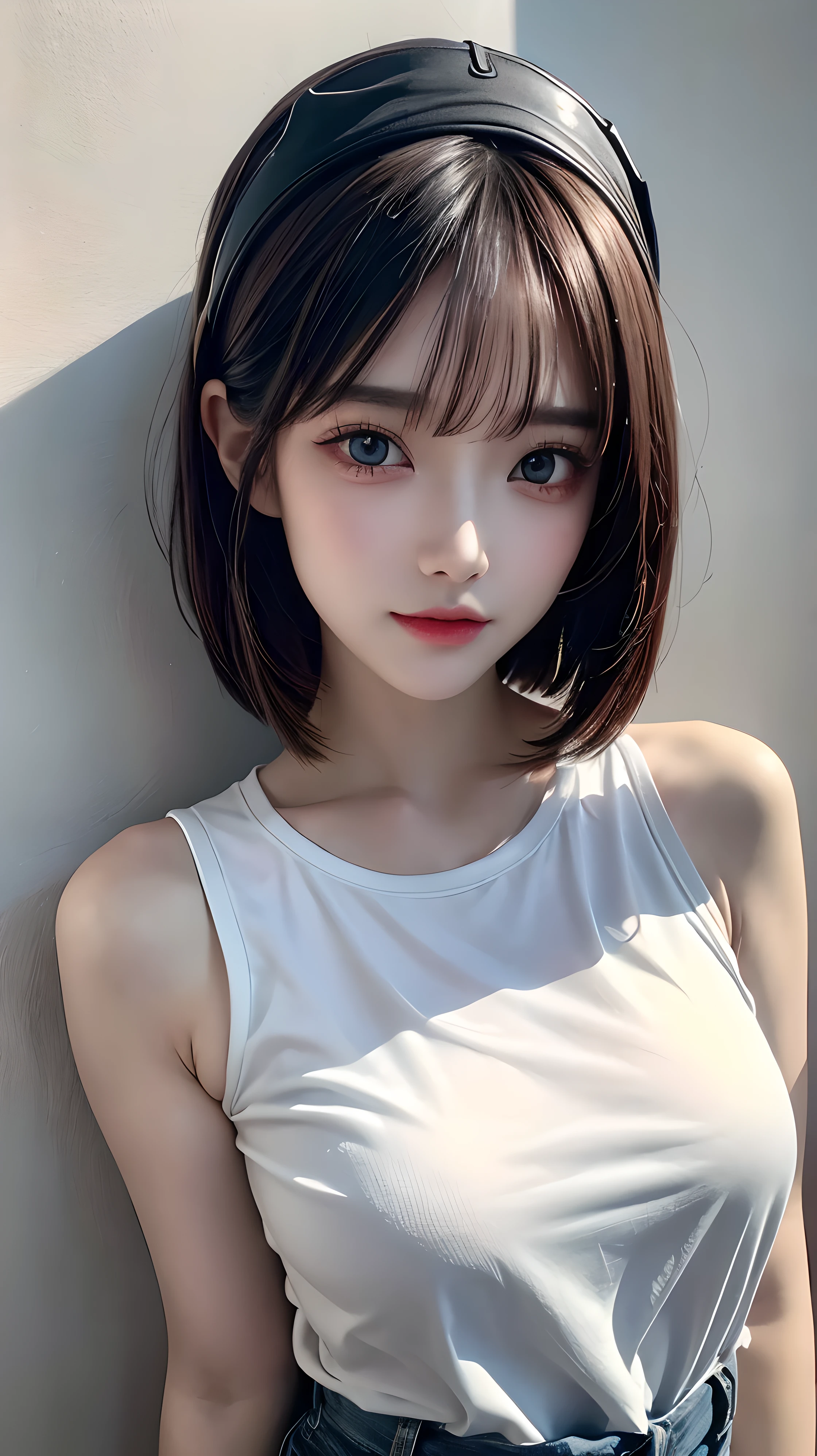 ((best quality)), ((masterpiece)), (detailed), perfect face. Black hair. Anime girl. Ulzzang. Asian girl. Black eyes. Small breast. Nipple. Tanktop.