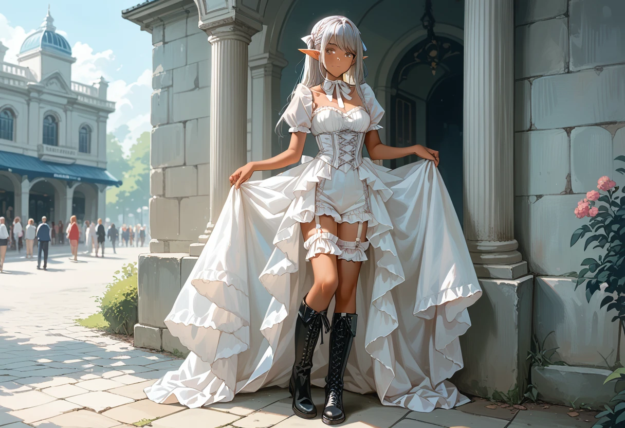 (high resolution,,)（amusement park）(Full body view) 1girl((woman ) (Silver Hair、Elf Ears、（）、tanned skin:2.5、)（idol frill dress、silk corset、 garter belt on the background stage、Ribbon Boots））