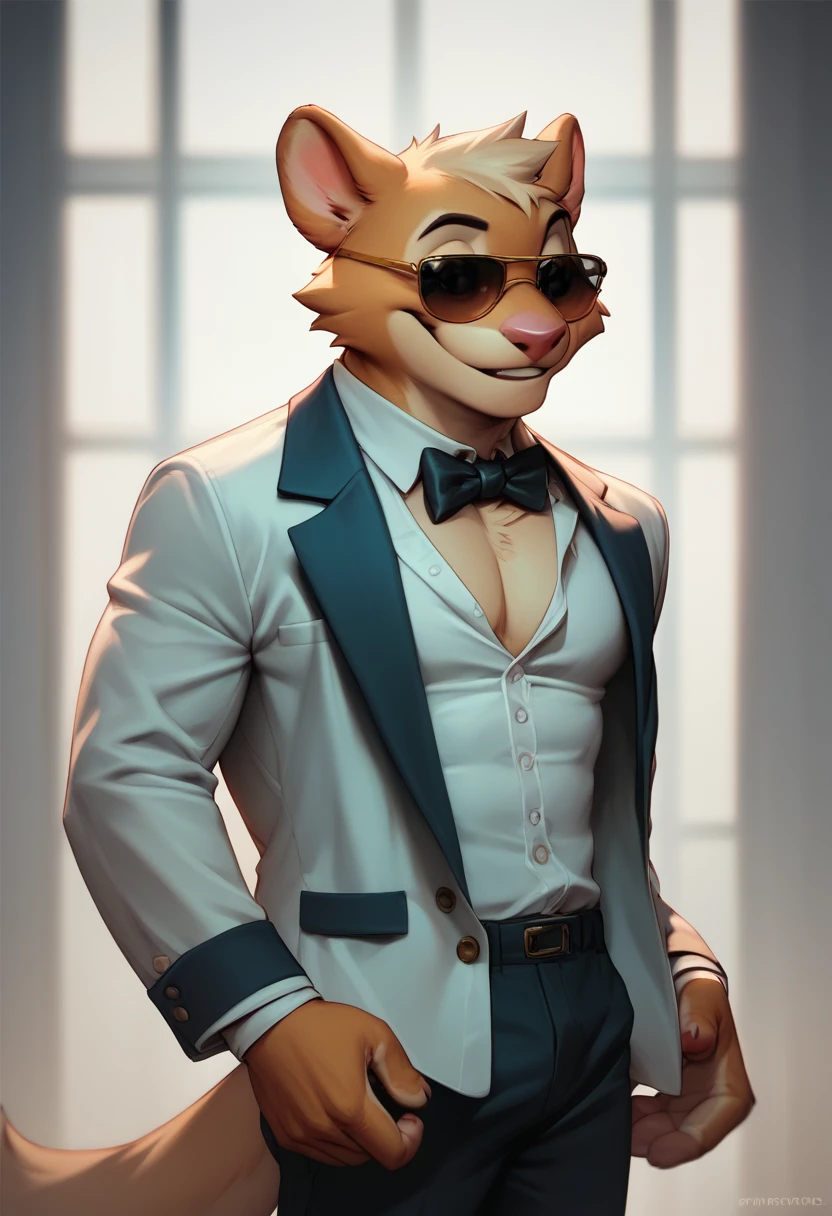 foreground ,Artistic, from a: man, Alone, furry, antromorfo, than, masculine, ADULT FACE,  Abdominals , with hairstyle (Pompadour),.. attire: open white suit, Open white shirt,  dress pants Black, Black bow tie, and some sunglasses,.. bottom: Set, photo shoot, single white room,.. pose: Adjusting his glasses, (cara lateral, ladeado), smiling at the camera.