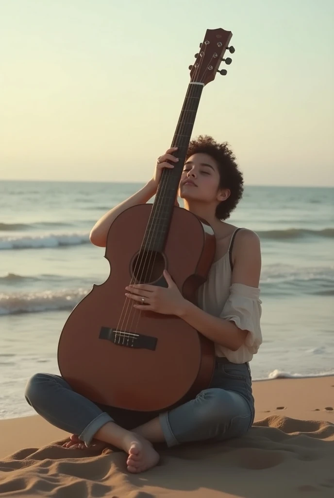 "Imagine a serene scene on a beach at sunset. Uma mulher morena, Dressed in a relaxed and elegant way, she's sitting on the sand, envolta por uma atmosfera suave e tranquila. Ela segura com delicadeza um ukulele, um instrumento pequeno, e seus dedos habilitados relacionadosm sobre as cordas, deixando uma melodia em andamento.The expression on his face is a captivating mixture of concentration and joy, Evidencing your passion for music.

Ao fundo, as ondas suaves quebram na costa, As the sun sets, Painting the sky with warm and soft tons. The scene is captured in a cinematic way, with attention to detail: a textura da areia, as nuances de luz e sombra, and the subtle expression in the woman's eyes and lips.

The fictitious social networks in the image display a series of 'likes' and comments released, reflecting followers' appreciation for his musical performance and the charm of the landscape. The goal is to convey beauty, The passion for music and the serenity that this scene evokes."