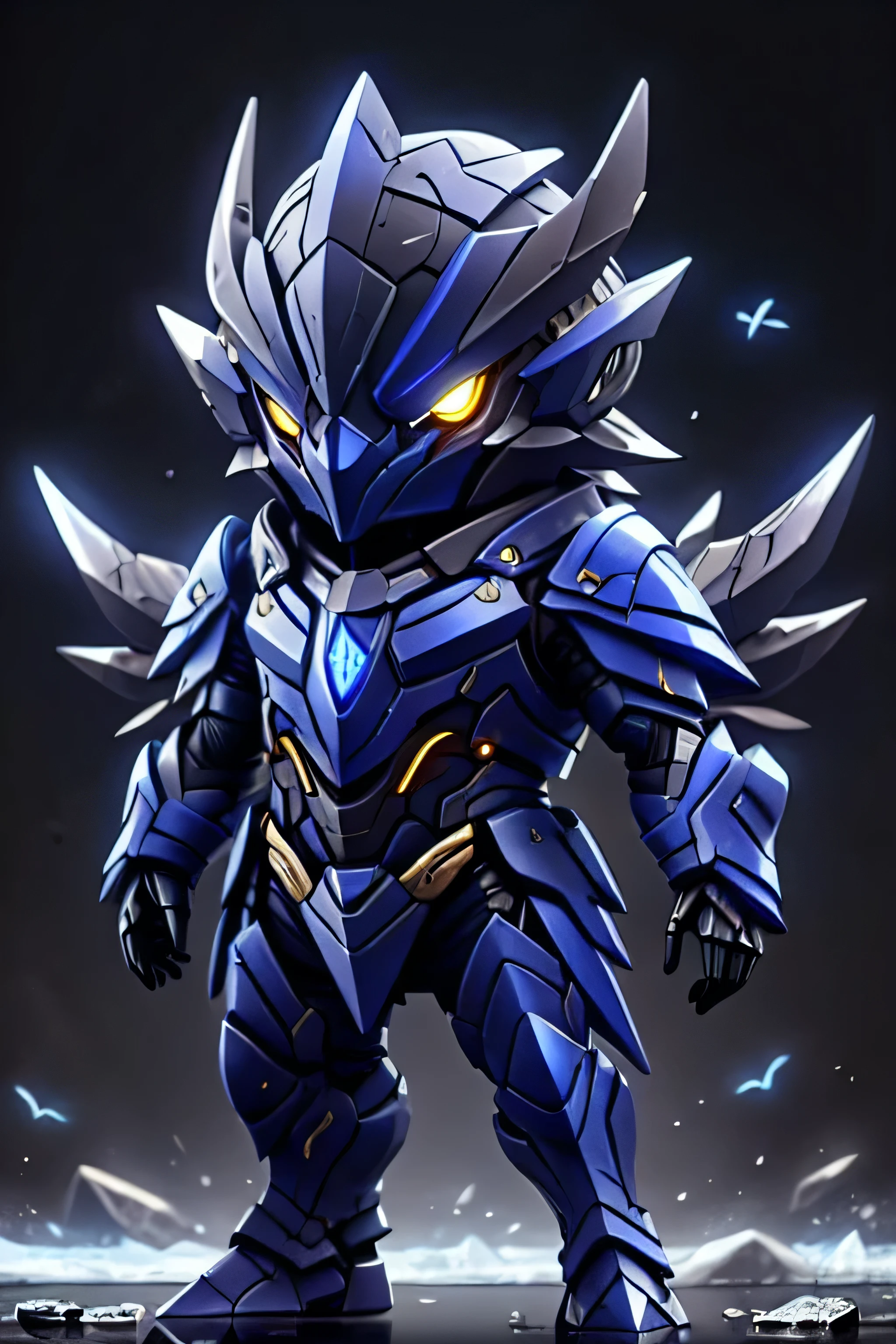 guchen,,chibi, gold eyes,,glowing,Sci-Fi,Neon Lights,Hyper Real,Photorealistic,16K,high detail,high resolution, ((dark blue armor)), articuno design, ((dark blue skin)), bird beak, ice symbol, dark blue wings, 