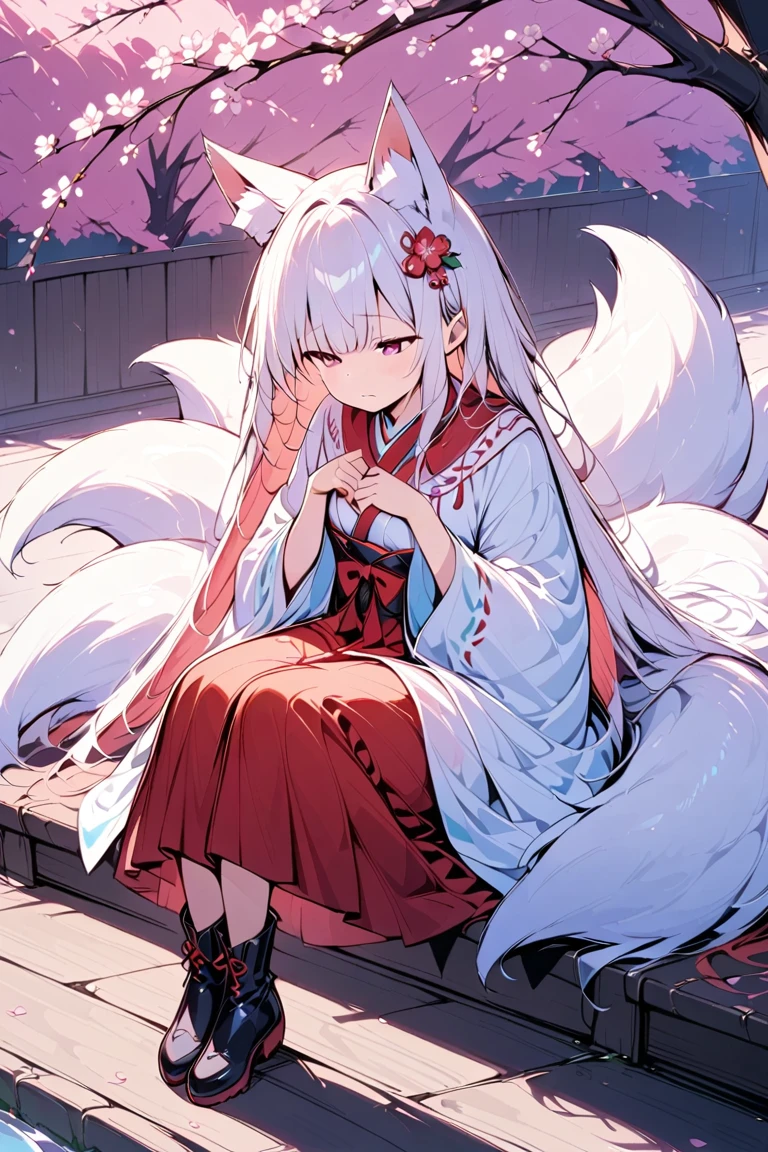 1人の可愛いFox earsの少女,(Best Quality,Very detailed depiction, incredible high resolution , anatomically accurate depiction ,High quality anime drawings),(White fox girl ),(Elegant shrine maiden outfit,Red Hakama,boots, hair ornaments with cherry blossom motifs are fluttering),(Long white hair,Fox ears:1.3,Ruby Eyes,Eyes half closed, depressed expression, pottery skin, white and fluffy fox tail ),(Full body image),Bright atmosphere,Under the cherry tree,Cherry Blossom Snowstorm,A transparent picture,