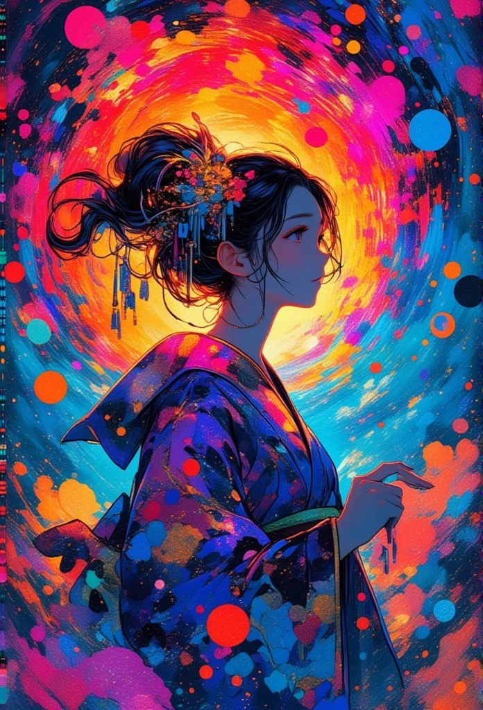japanese hot girl with kimono, psychadelic, nfsw, vector image, t-shirt design, isolated, black background, futuristic 3D illustration