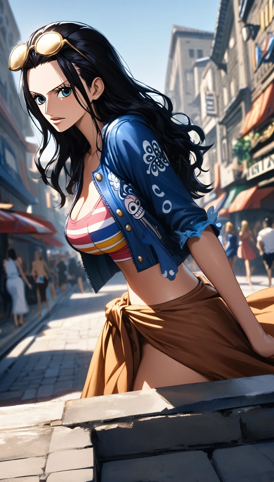 masterpiece, best quality), intricate details, 1 girl, woman, black hair, nico robin \ (one piece\), (long hair), eyewear on head, blue short sleeves crop top jacket, brown long sarong, large breast, female focus, outdoors, city, looking at viewer, ((side view)) ((close up shot)) ((solo)) detailed, very high resolution, no blurry image, standing, full body, blue eyes, straight hair, hair slicked back, ((nico robin from one piece)) ((female nico robin from one piece)), outdoors, city