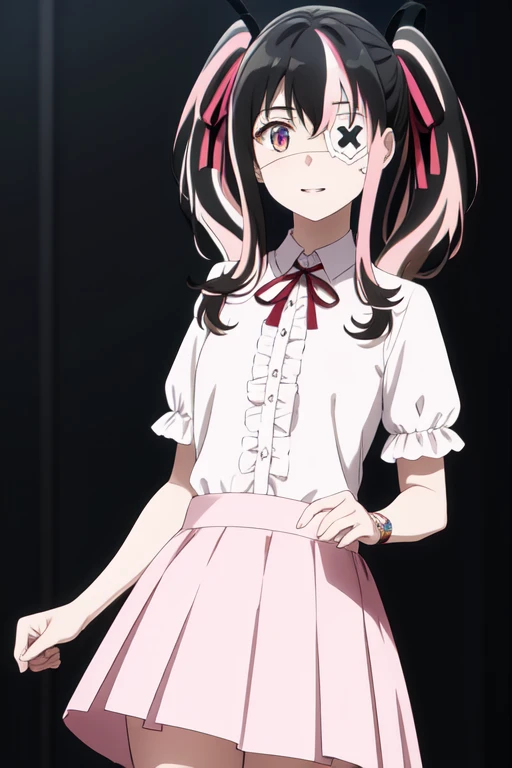 1girl, solo, yui saikawa, bangs, black hair, ribbon, twintails, (brown eyes:1.2), hair ribbon, pink hair, white hair, multicolored hair, two-tone hair, streaked hair, (eyepatch:1.2), medical eyepatch, 12years old, lori,
BREAK shirt, white shirt, neck ribbon, center frills, skirt, pink skirt,
BREAK standing, 
BREAK smile,
BREAK (cowboy shot:1.1), from front,
BREAK black background,
BREAK (best quality, masterpiece, detailed:1.1), HD, anime colored, (beautiful detailed eyes:1.4), extremely detailed face, perfect lighting, extremely detailed CG, (perfect hands, perfect anatomy),