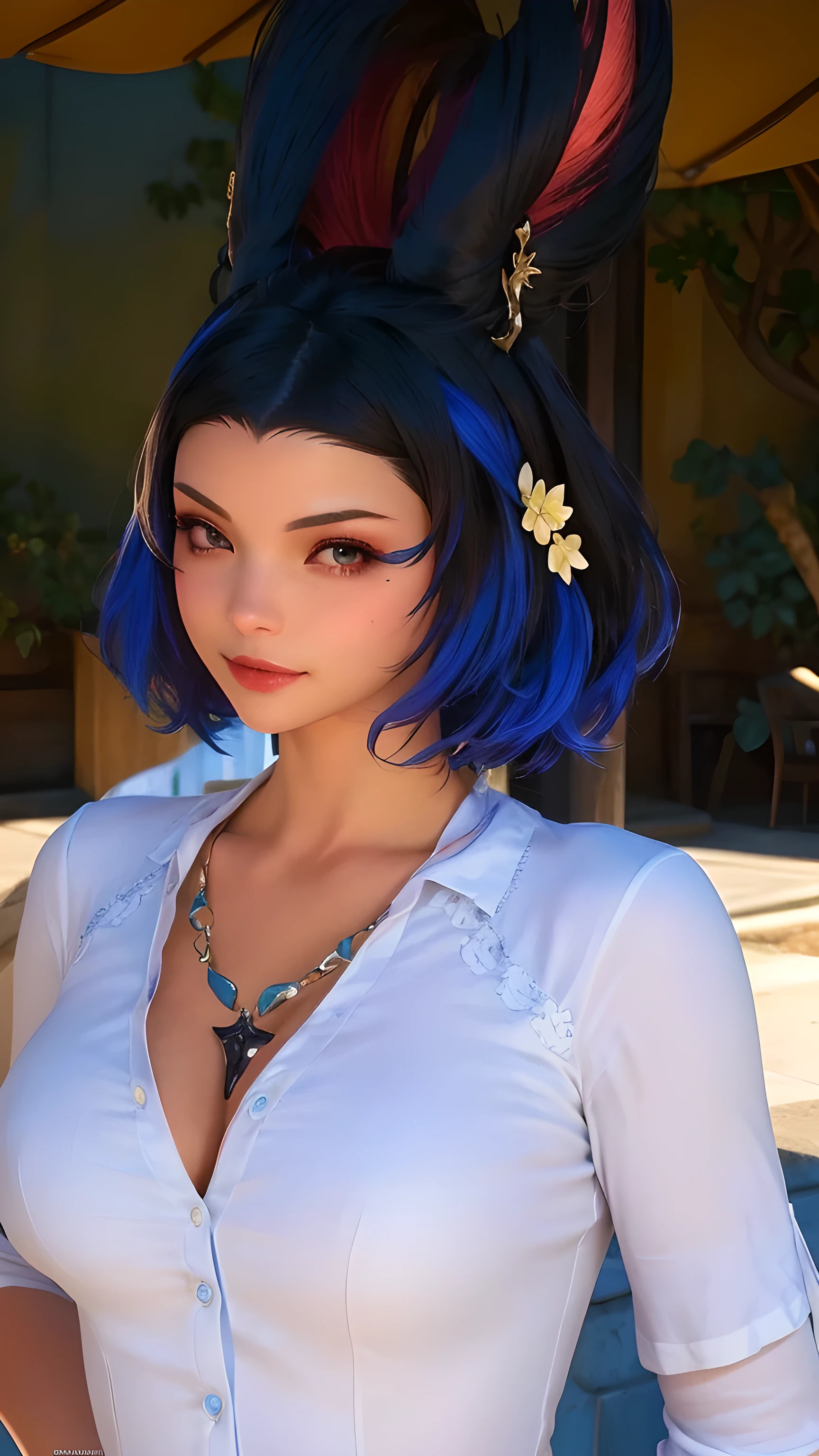 there is a woman with blue hair and a white shirt, from final fantasy xiv, short blue haired woman, black - haired vierra,character close up, alluring mesmer woman, character close-up, fran from final fantasy 12