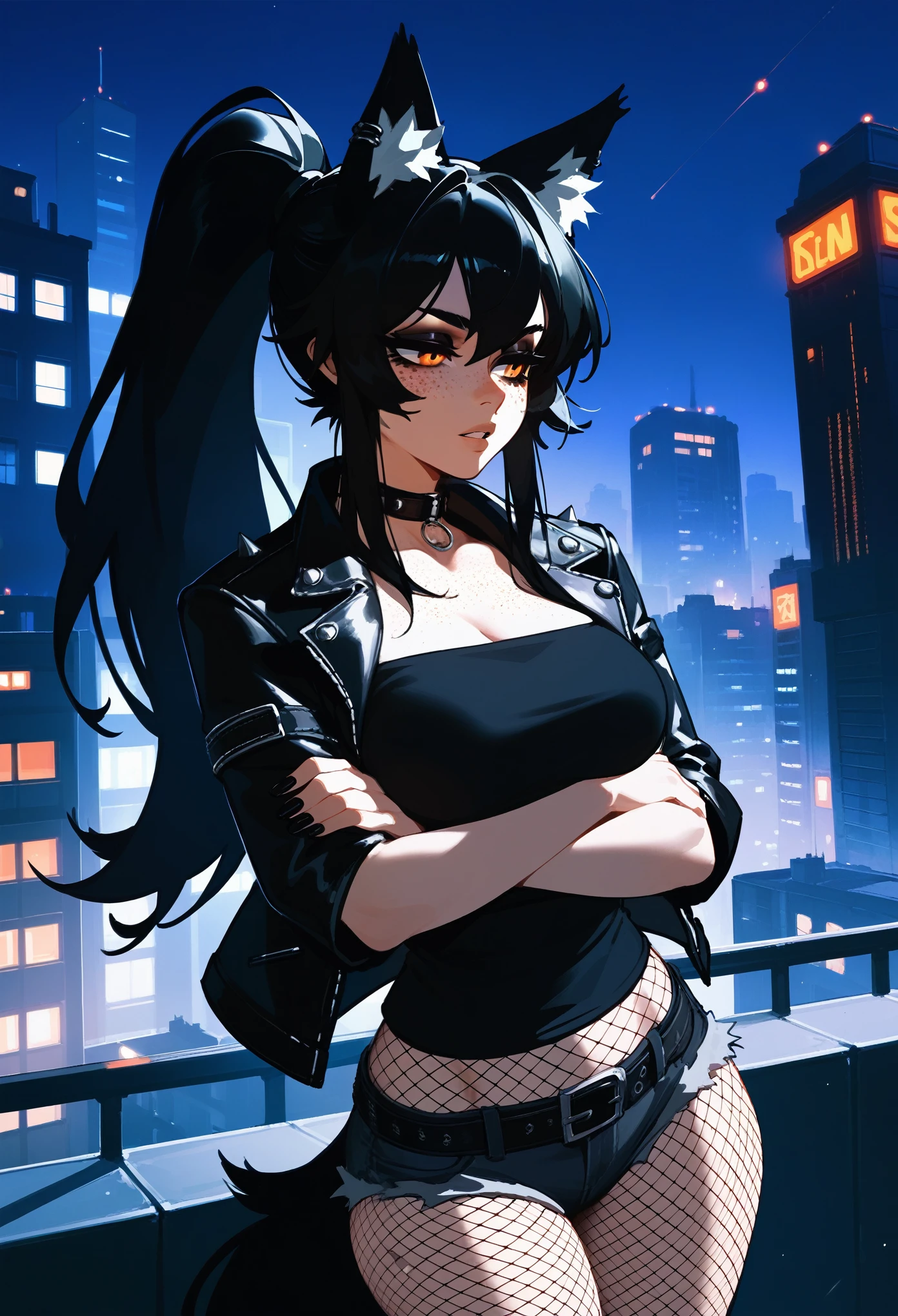 (score_9, score_8_up, score_7_up), (anime), cowboy shot, solo, 1girl, wolf girl, goth fashion, black hair, long hair, ponytail, wolf ears, (freckles), orange eyes, half-closed eyes, parted lips, medium breasts, wide hips, leather jacket, black denim shorts, belt, fishnet pantyhose, arms under breasts, facing viewer, outdoors, building, rooftop, night