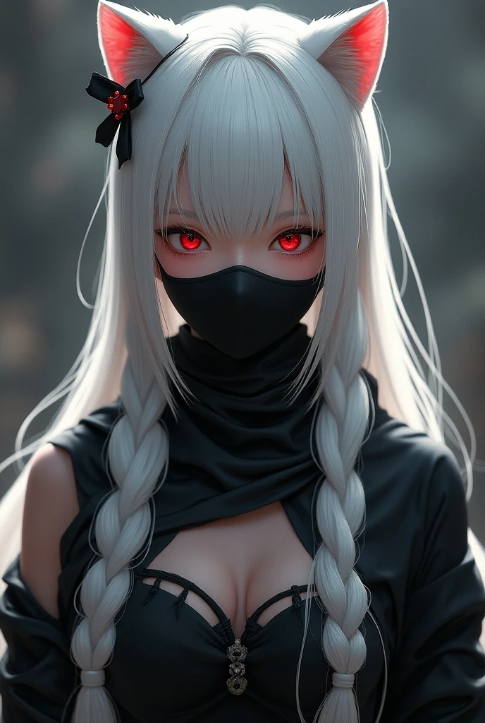 A 2D character, drawing style, pale skin, White hair, Cat's ears, tired face, eyes black, red bow in hair, a mask covering the mouth, half blurred.