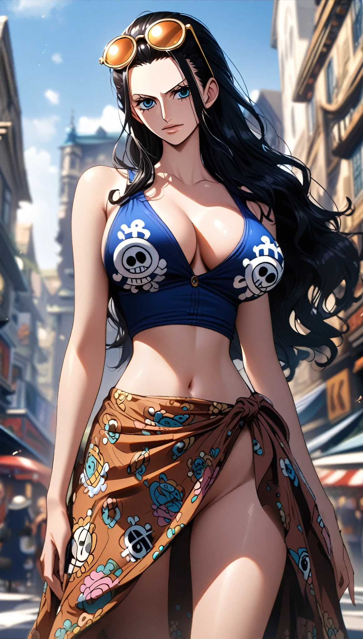 masterpiece, best quality), intricate details, 1 girl, woman, black hair, nico robin \ (one piece\), (long hair), eyewear on head, blue short sleeves crop top jacket, brown long sarong, large breast, cleavage, navel, female focus, outdoors, city, looking at viewer, ((front view)) ((close up shot)) ((solo)) detailed, very high resolution, no blurry image, cowboy shot, blue eyes, straight hair, hair slicked back, ((nico robin from one piece)) ((female nico robin from one piece)), outdoors, city