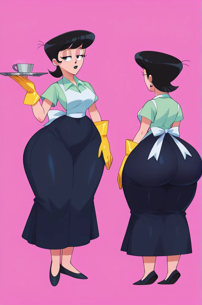 score_9, score_8_above, score_7_above, BREAK, 1 girl, Alone, old,  dextersmom, makeabove, jewelry, gloves, shirt, apron, aboveper body, portrait, mature woman, simple background, black hair, black lipstick, half-lidded eyes, black skirt, long skirt, thick thighs, Wide hips, big ass, slightly showing the crack in the butt, showing big butt, black slip on flats, black footwear, ballerina flats shoes, standing up, tip toe