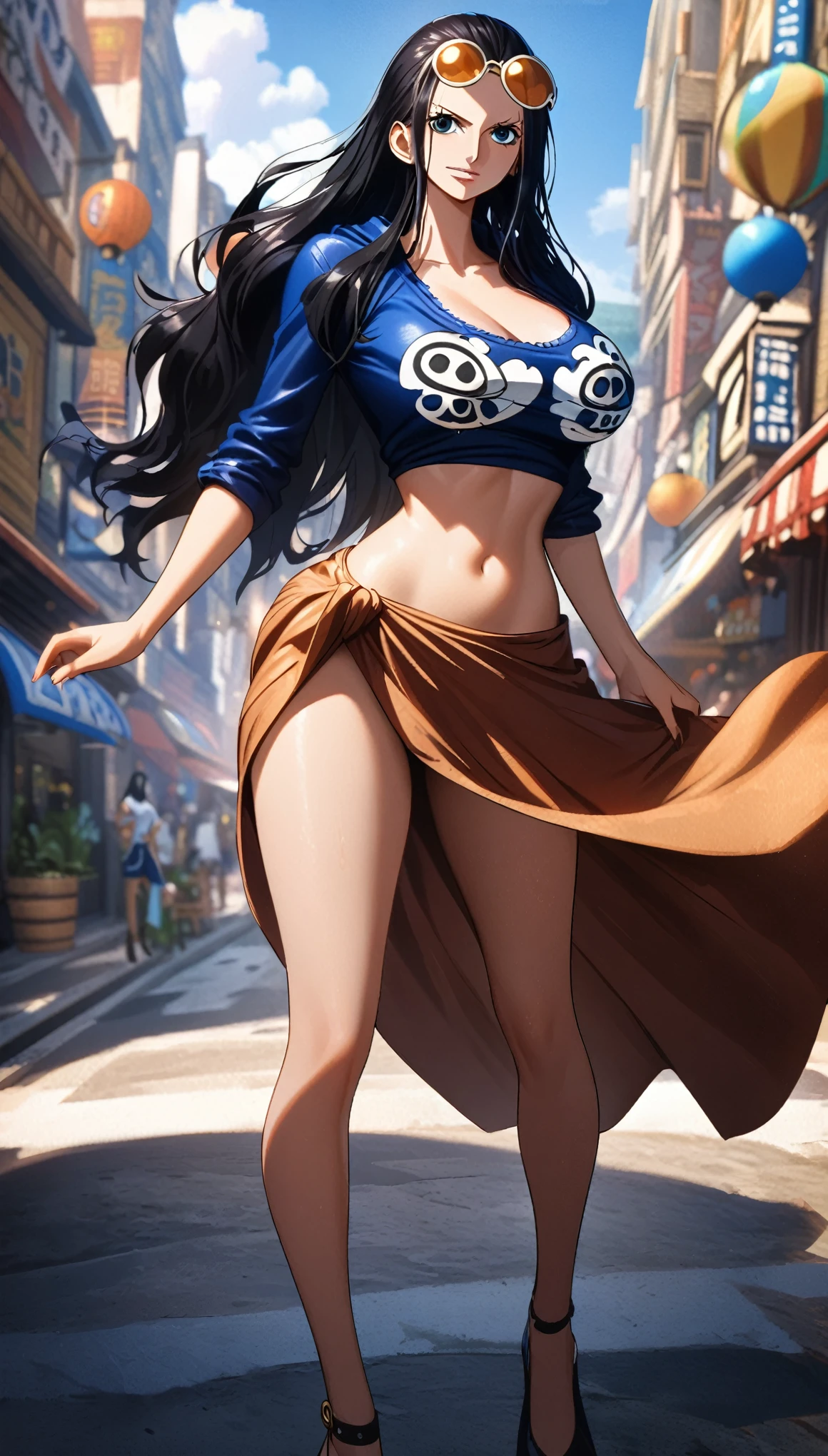 masterpiece, best quality), intricate details, 1 girl, woman, black hair, nico robin \ (one piece\), (long hair), eyewear on head, blue short sleeves crop top jacket, brown long sarong, large breast, female focus, outdoors, city, looking at viewer, ((front view)) ((close up shot)) ((solo)) detailed, very high resolution, no blurry image, full body, blue eyes, straight hair, hair slicked back, ((nico robin from one piece)) ((female nico robin from one piece)), outdoors, city