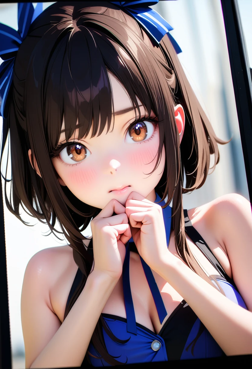 ((8k, raw photo, best quality, masterpiece, high resolution)), beautiful detailed eyes, cute, 2girls, solo, Kanna Hashimoto, Dark Brown Eyes, Cheeks pressed together, Idols, idol costumes