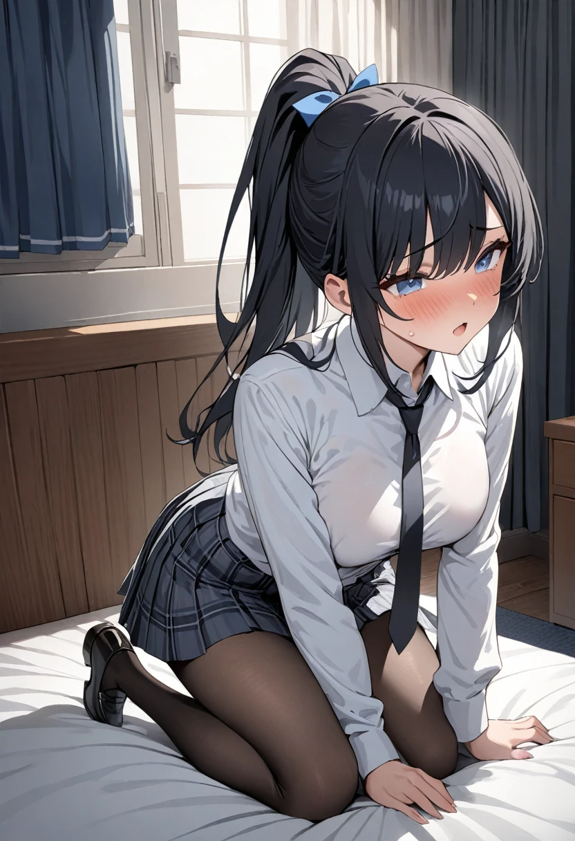 (Manhwa style), a sexy girl, long black straight hair, twintail hair, black eyes, beautiful eyes, blush on make up, red eyeliner, black neck tie, white shirt, mini pleated skirt, stockings, garter belt, big breasts, blushing, smiling, (high quality), (best quality), (full body), sexy lips, cleavage, big hips, fingering, horny, masturbate, masturbation, masturbating, on the bed, bedroom