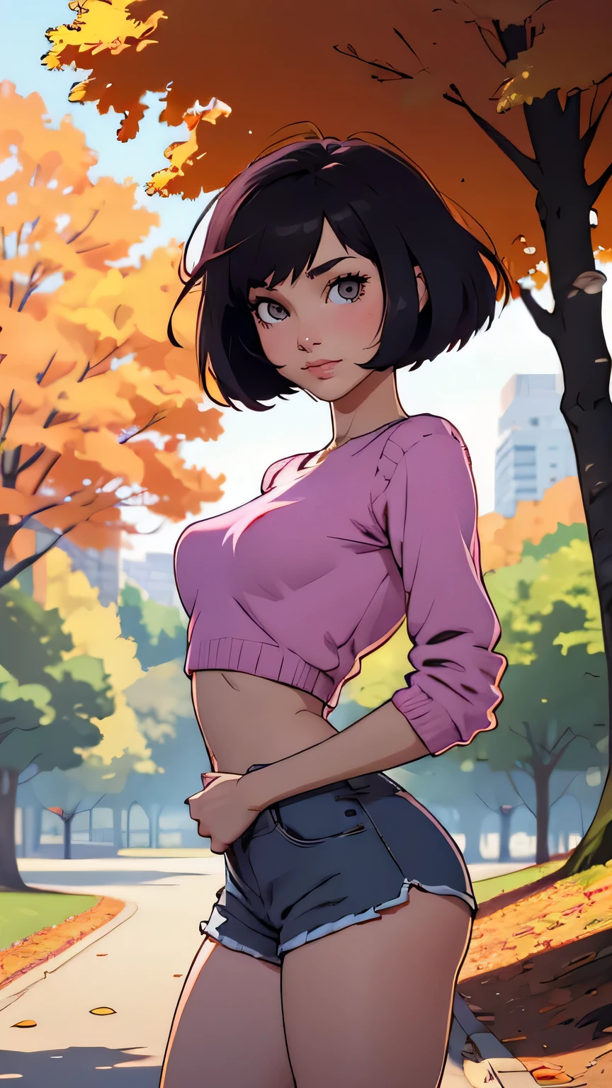 1girl, short hair, bob cut, black hair, black eyes with purple rings, pastel colors, cropped pink and black sweater, short shorts, medium breasts, smiling, autumn leaves, park