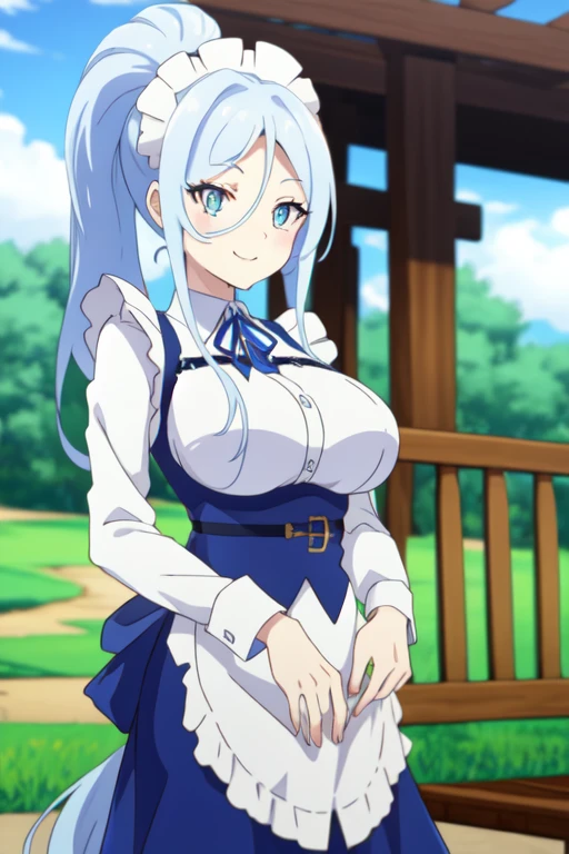 Sylpha, 1girl, solo, long hair, breasts, blush, blue eyes, large breasts, 
BREAK shirt, white shirt, upper body, maid headdress,
BREAK standing, 
BREAK smile,
BREAK (cowboy shot:1.1), from front,
BREAK outdoor, garden,
BREAK (best quality, masterpiece, detailed:1.1), HD, anime colored, (beautiful detailed eyes:1.4), extremely detailed face, perfect lighting, extremely detailed CG, (perfect hands, perfect anatomy),