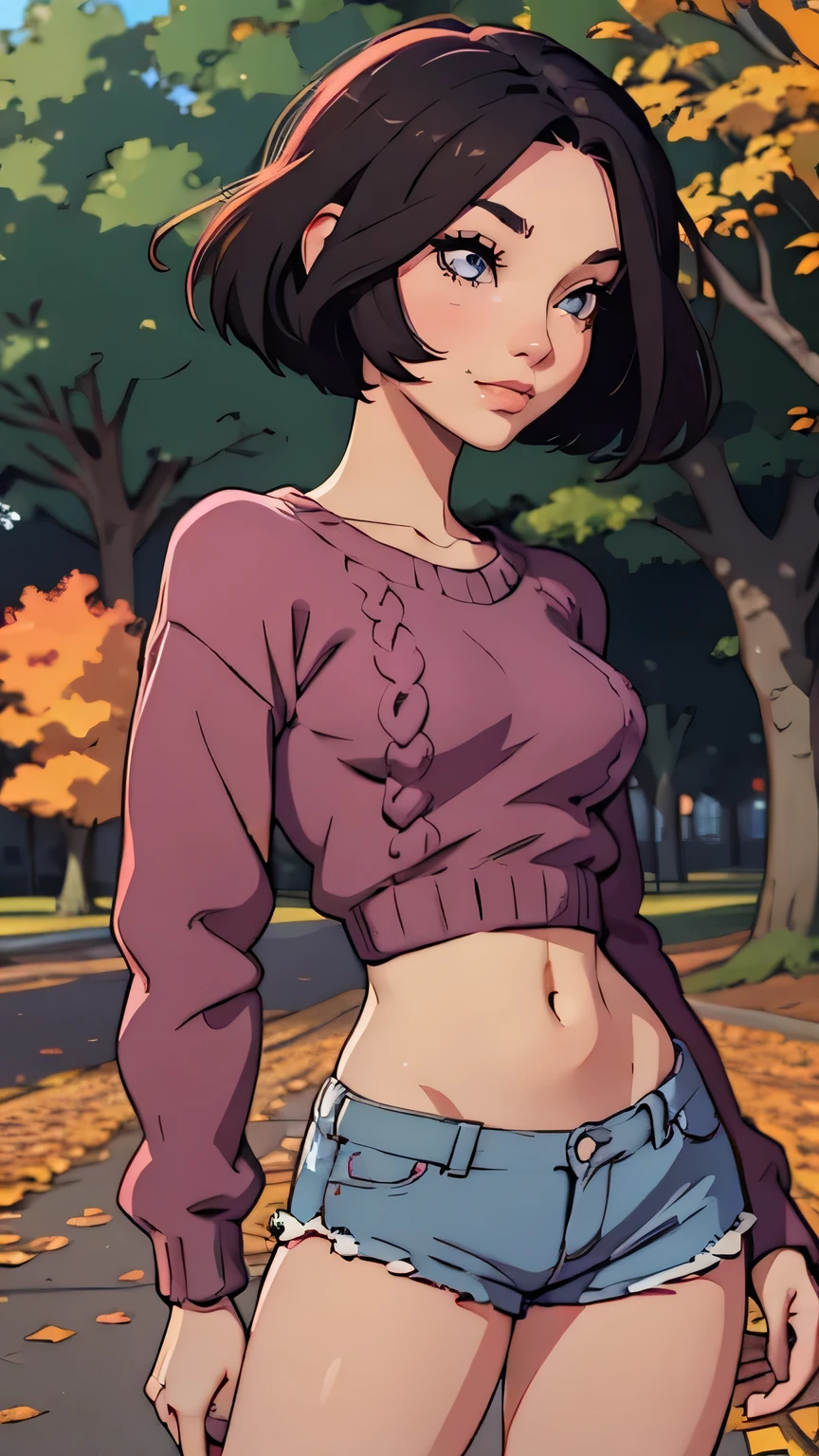 1girl, short hair, bob cut, black hair, black eyes with purple rings, pastel colors, cropped pink and black sweater, short shorts, medium breasts, smiling, autumn leaves, park