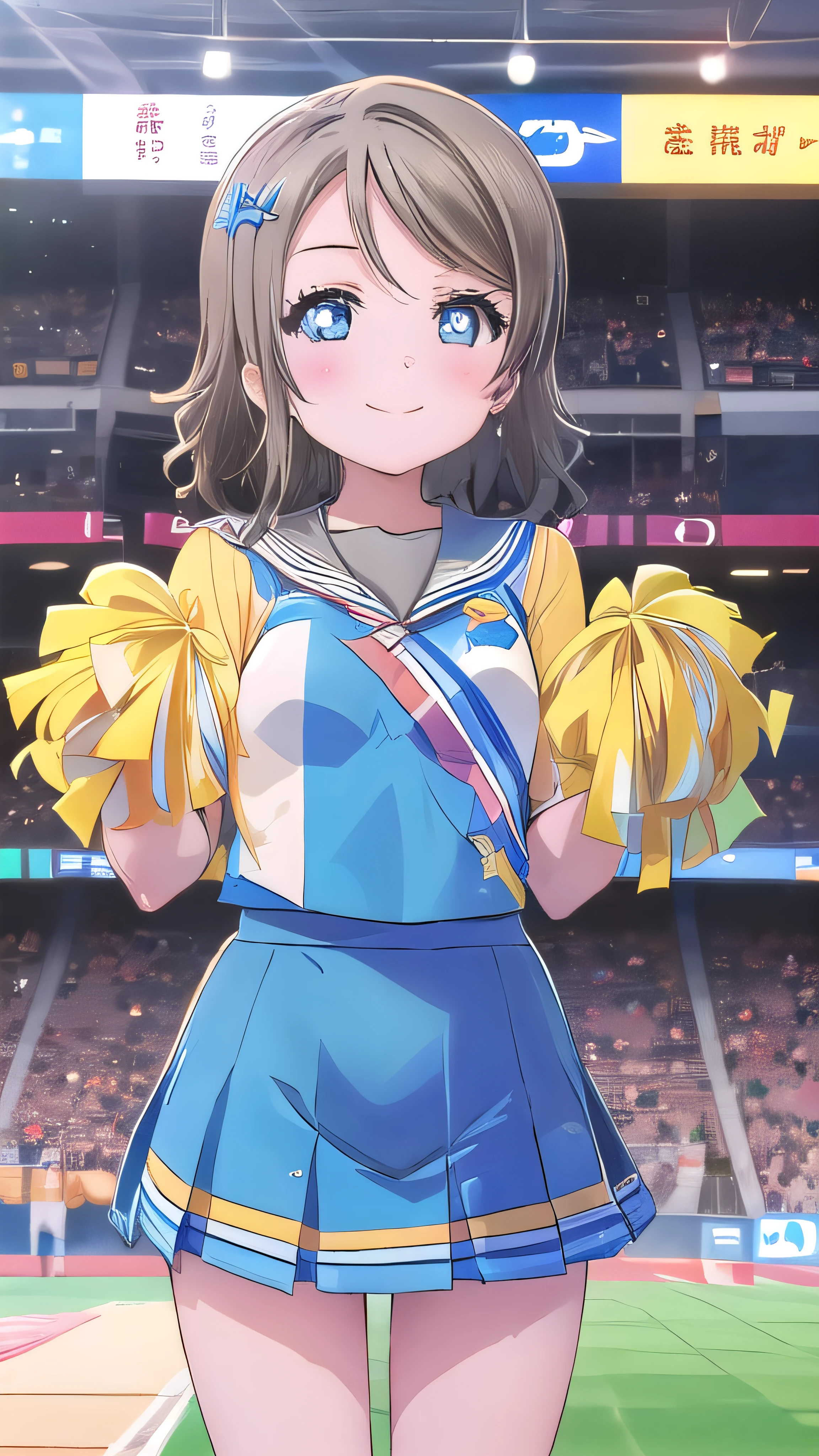 ((( Pixel Perfect , detail-perfect))), Alone, 1 girl, Watanabe You, , modern uniform of a , smile, Cheerleader、support、Sports Venues、smile、Energy 1000、Raising his right hand,High Tension