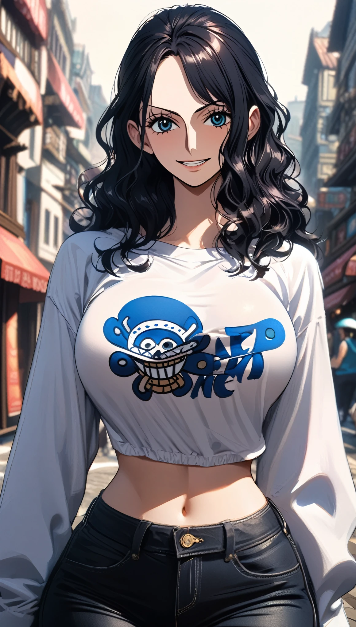 masterpiece, best quality), intricate details, 1 girl, woman, black hair, nico robin \ (one piece\), (medium hair), crop top t-shirt long sleeve, large breast, black jeans, female focus, outdoors, city, looking at viewer, smile close mouth, ((front view)) ((close up shot)) ((solo)) detailed, very high resolution, no blurry image, full body, blue eyes, sligh wavy hair, ((nico robin from one piece)) ((female nico robin from one piece)), outdoors, city