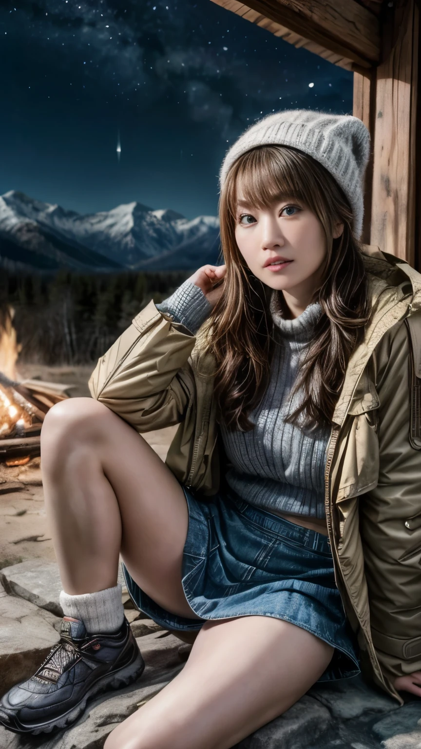 (((Night view)))、White Breath、Beautiful starry sky、In the mountains、in the forest、winter、Cottage))、Sit in front of the bonfire、Outdoor、(((Front open down jacket)))、Wear a shirt、Knitted hat、(((mini skirt)))、(Leg warmers)、(Trekking shoes)、Wavy long hair、bangs、High resolution、in 8K、Real Live Action、RAW Photosgraphy、Highest quality、masterpiece、erotic,White skin,knees, Absurd、masterpiece,Highest quality、High resolution,RAW Photos,One person、Japanese women,（Realistic：1.4）、Photon Mapping、Realistic、Beautiful woman、Physics-based only dulling、Depth of field rally background、Glossy Lips、Spread your legs、close up face